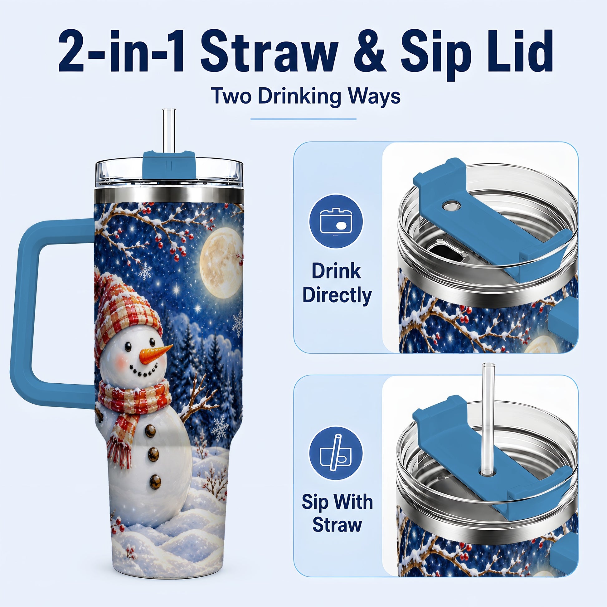 #pl[40oz|Blue] Moon Snowman Tumbler 40oz, Winter Tumbler, Stainless Steel Travel Cup