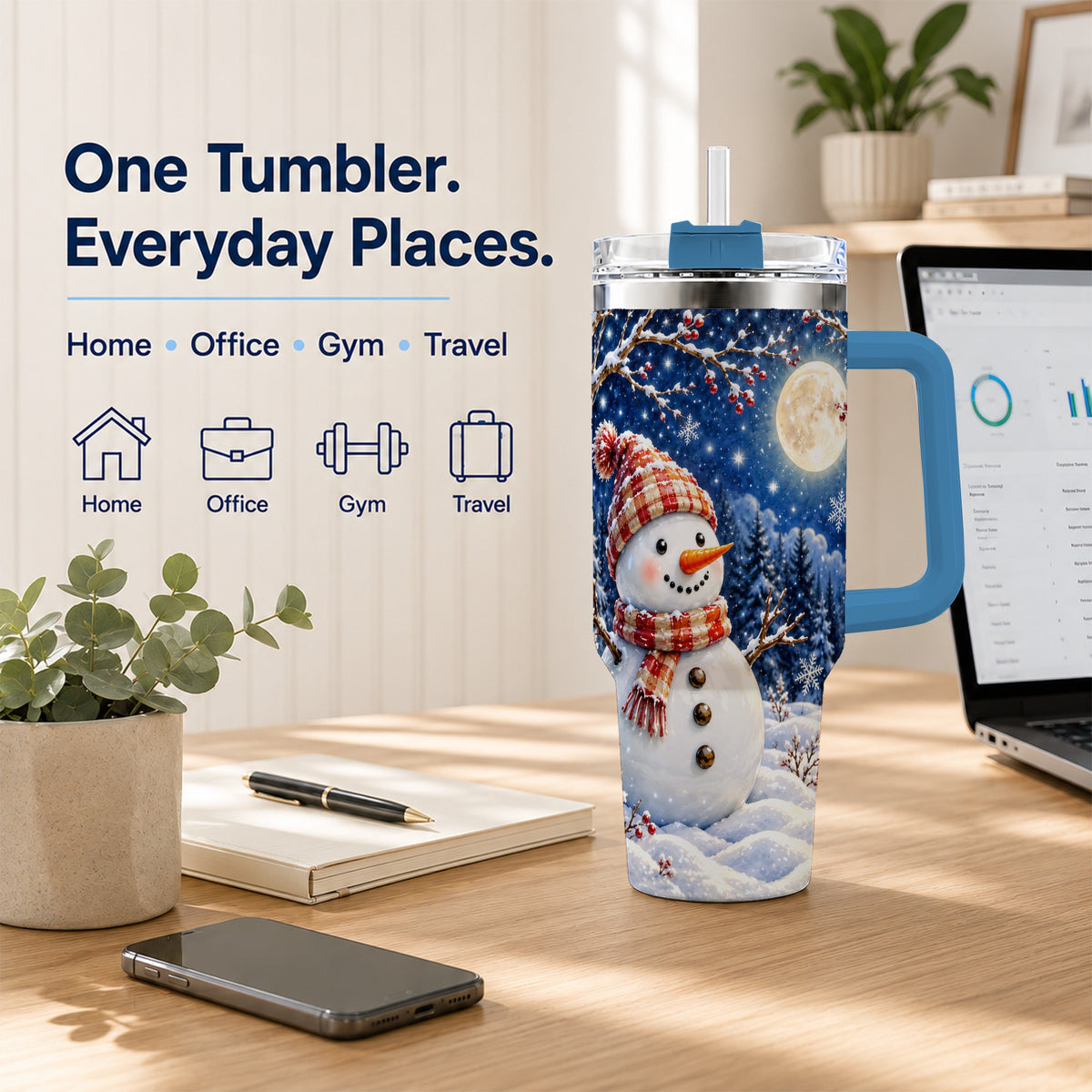 #pl[40oz|Blue] Moon Snowman Tumbler 40oz, Winter Tumbler, Stainless Steel Travel Cup
