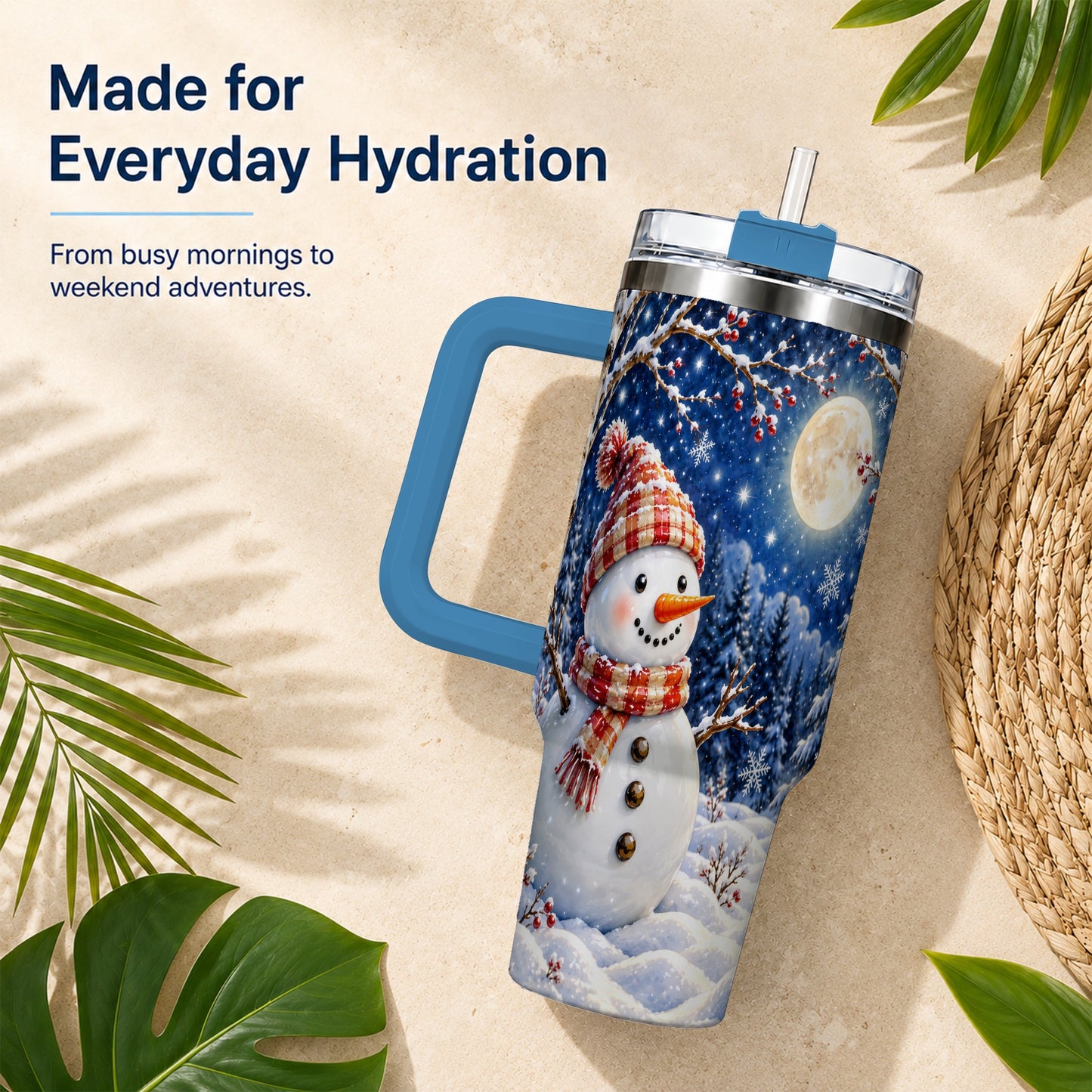 #pl[40oz|Blue] Moon Snowman Tumbler 40oz, Winter Tumbler, Stainless Steel Travel Cup