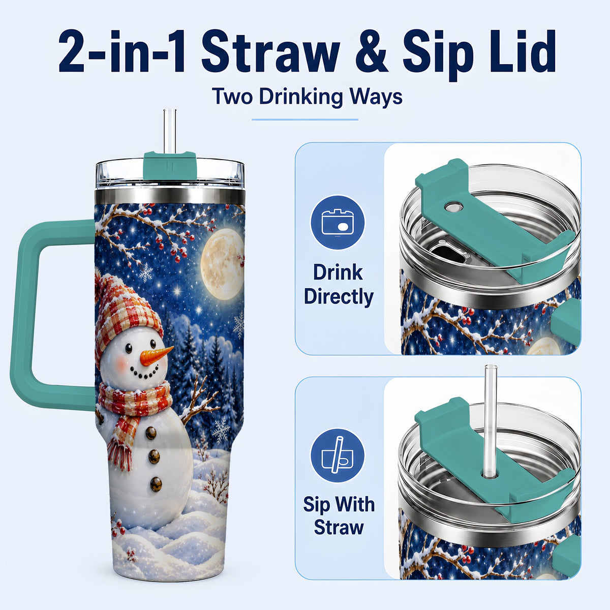 #pl[40oz|Green] Moon Snowman Tumbler 40oz, Winter Tumbler, Stainless Steel Travel Cup