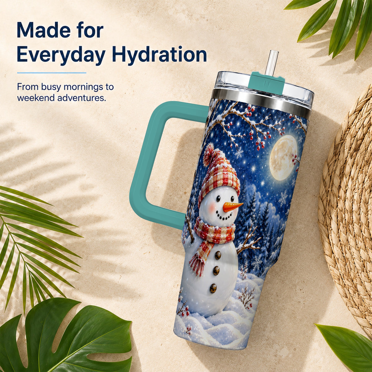#pl[40oz|Green] Moon Snowman Tumbler 40oz, Winter Tumbler, Stainless Steel Travel Cup