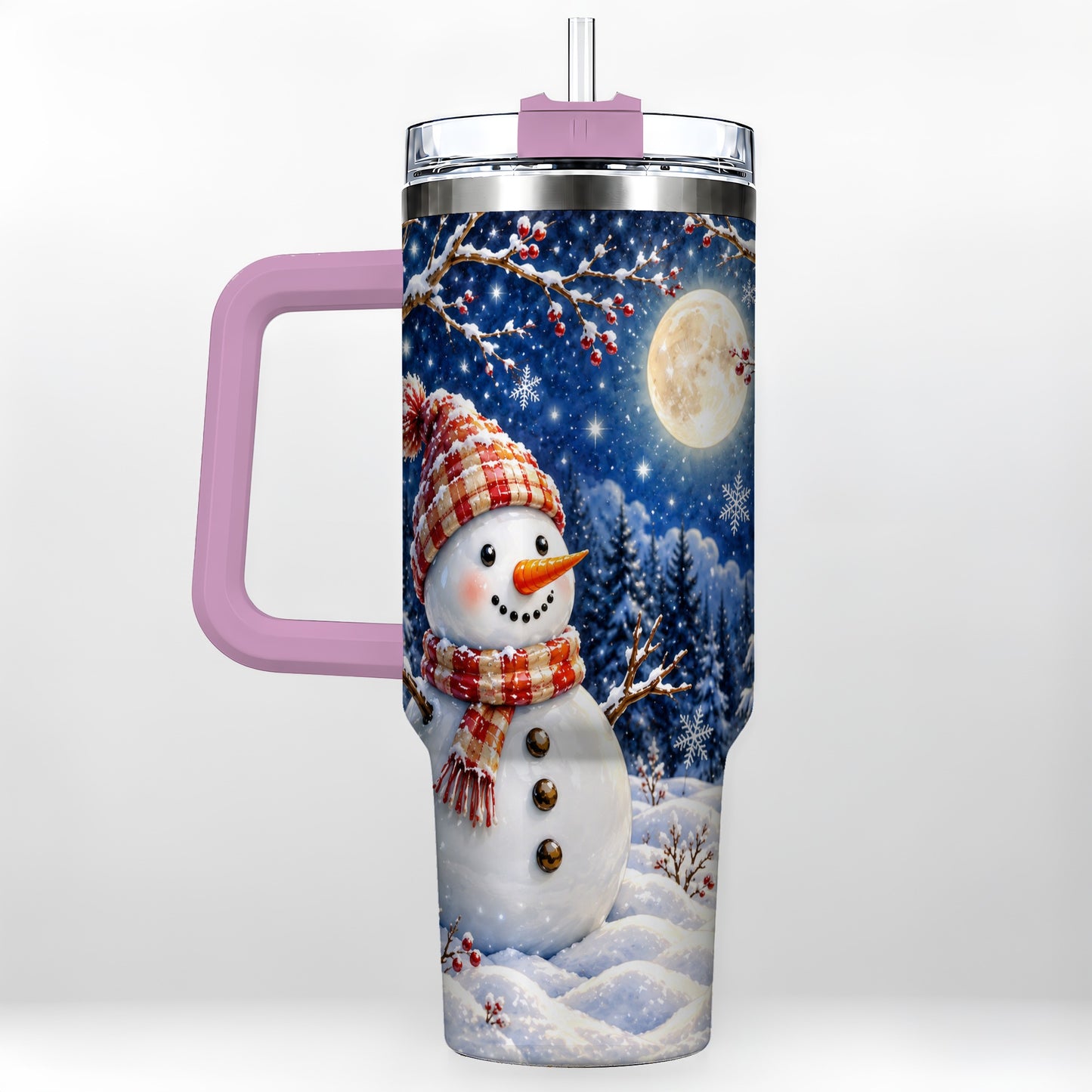 #pl[40oz|Pink] Moon Snowman Tumbler 40oz, Winter Tumbler, Stainless Steel Travel Cup