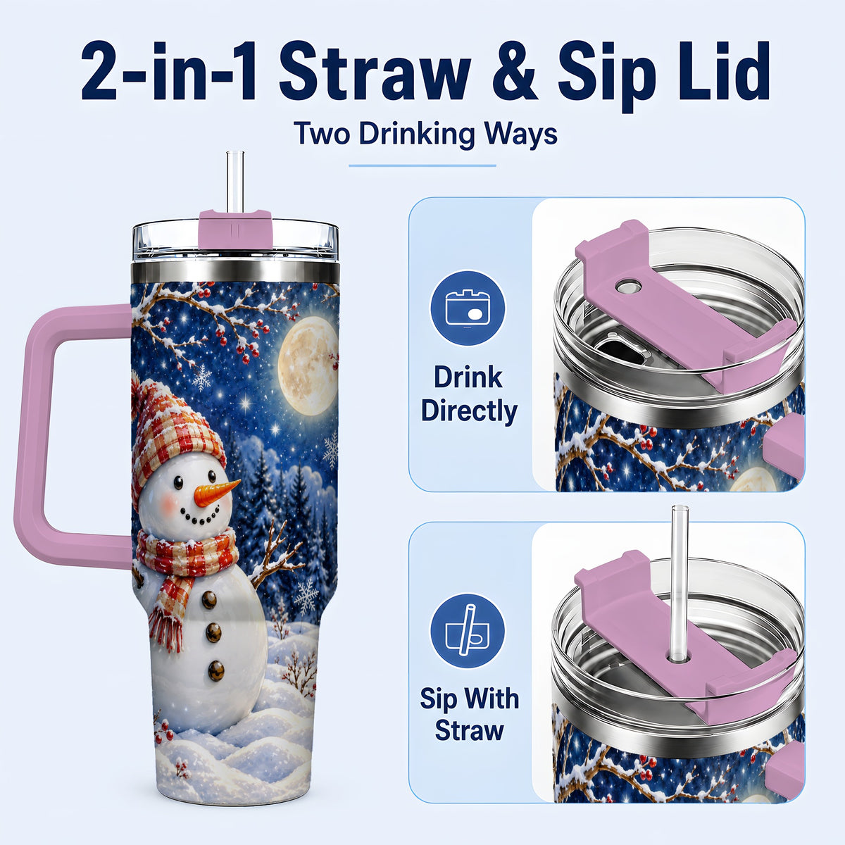 #pl[40oz|Pink] Moon Snowman Tumbler 40oz, Winter Tumbler, Stainless Steel Travel Cup