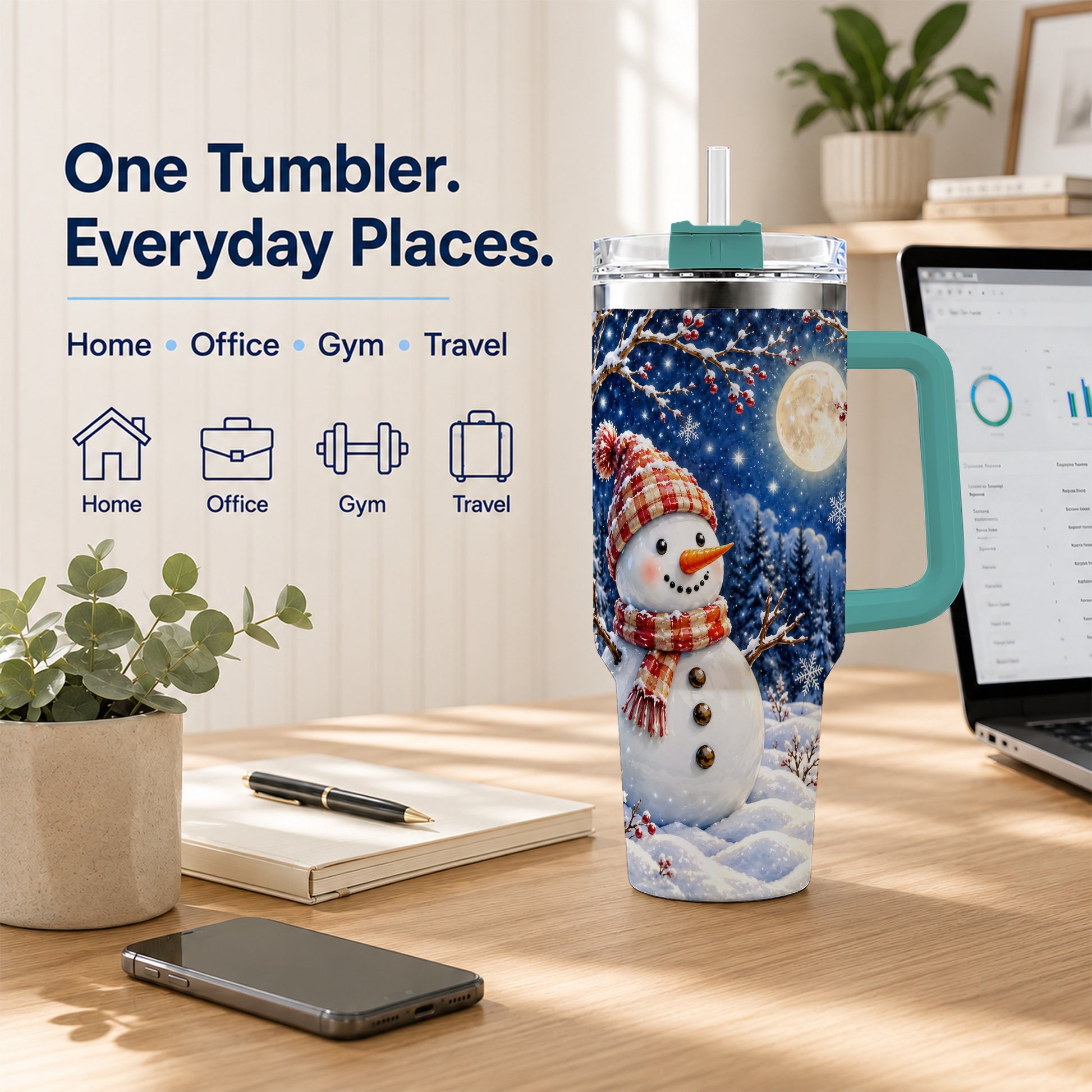 #pl[40oz|Green] Moon Snowman Tumbler 40oz, Winter Tumbler, Stainless Steel Travel Cup