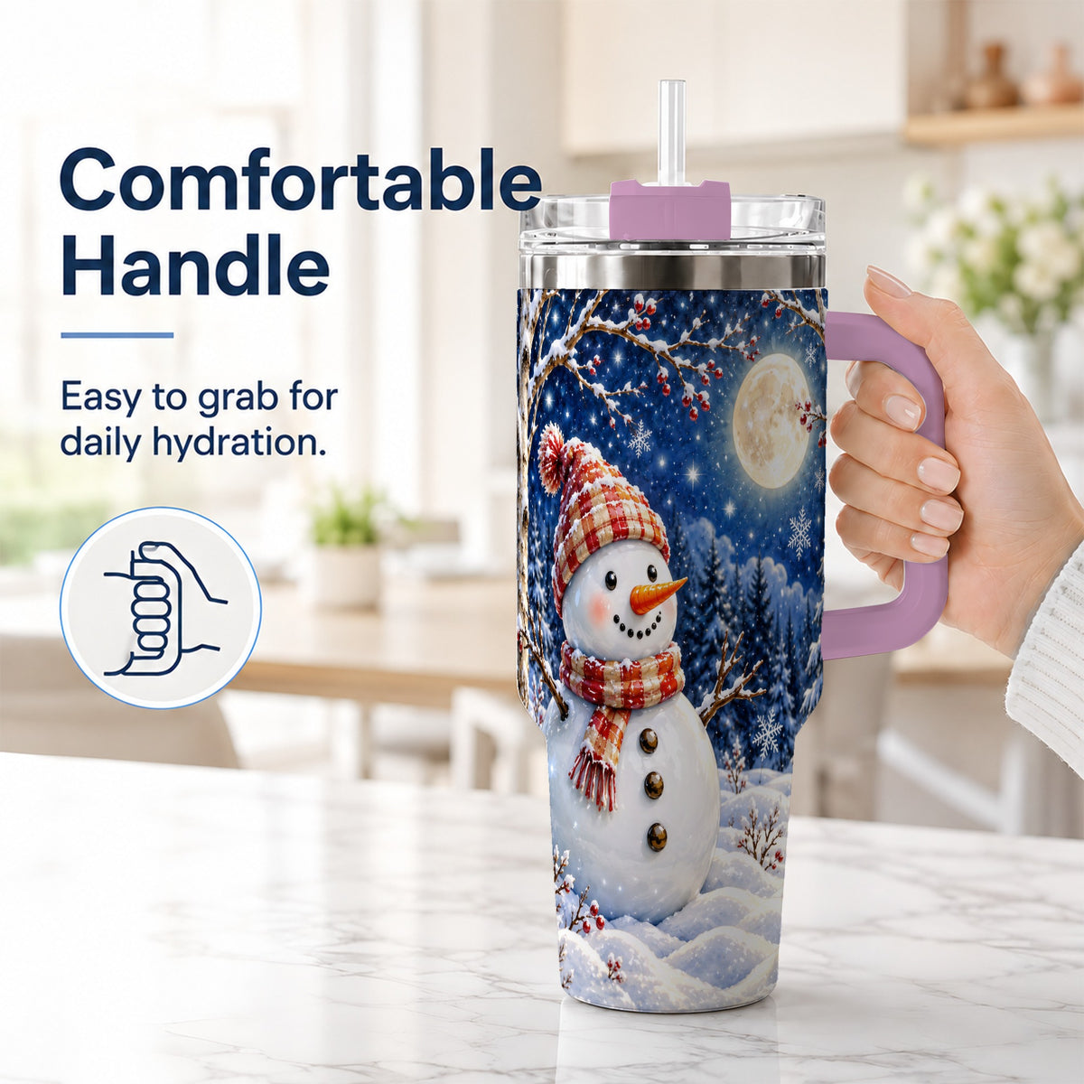 #pl[40oz|Pink] Moon Snowman Tumbler 40oz, Winter Tumbler, Stainless Steel Travel Cup
