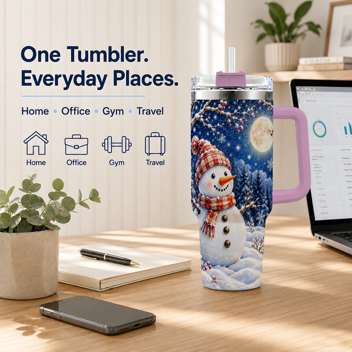 #pl[40oz|Pink] Moon Snowman Tumbler 40oz, Winter Tumbler, Stainless Steel Travel Cup