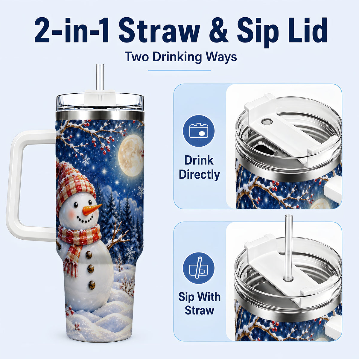 #pl[40oz|White] Moon Snowman Tumbler 40oz, Winter Tumbler, Stainless Steel Travel Cup