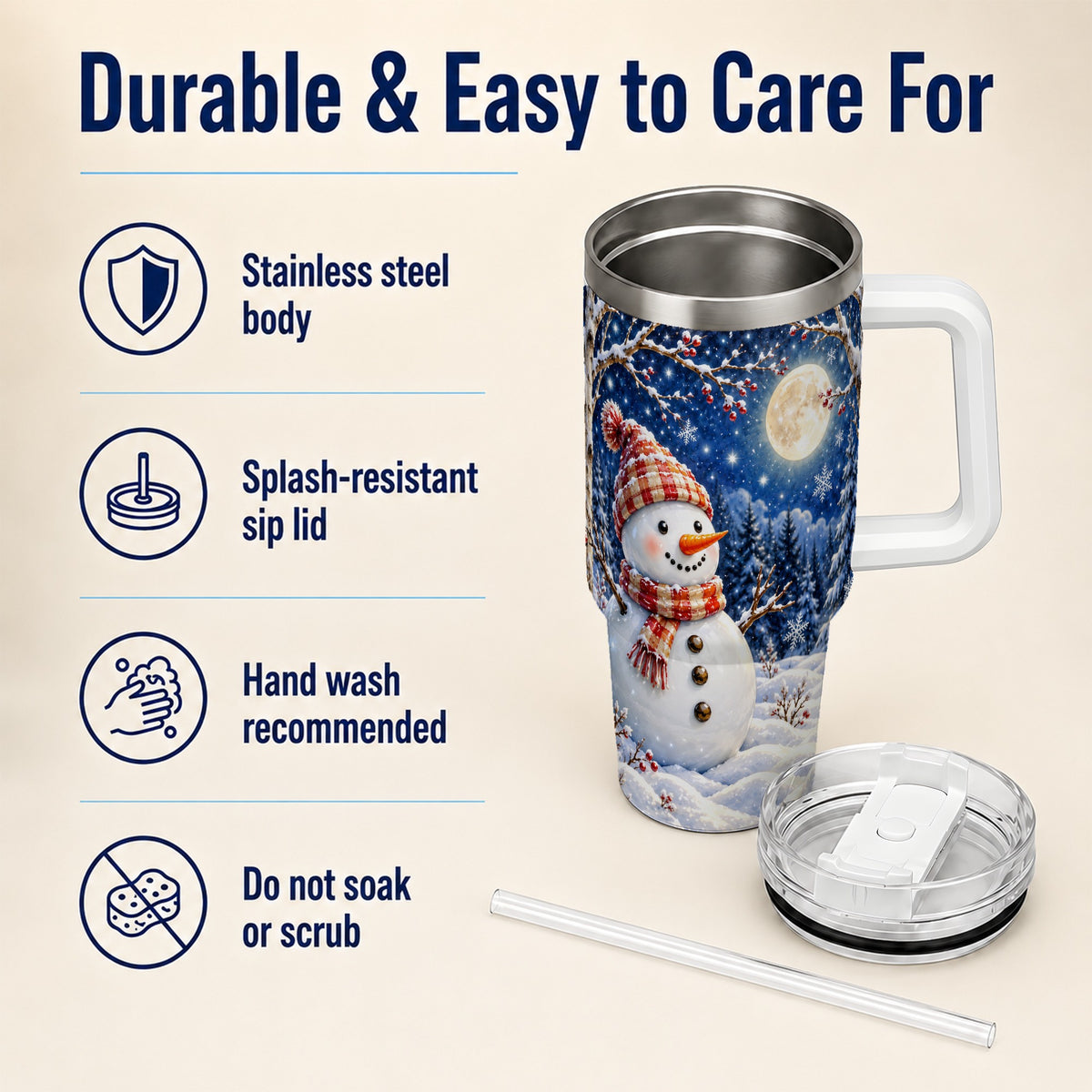 #pl[40oz|White] Moon Snowman Tumbler 40oz, Winter Tumbler, Stainless Steel Travel Cup