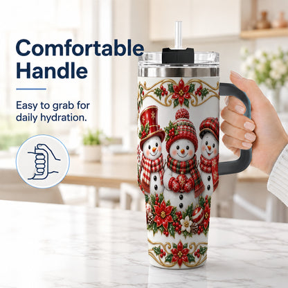 #pl[40oz|Black] Snowman 40oz Tumbler with Handle, Poinsettia Holiday Travel Cup