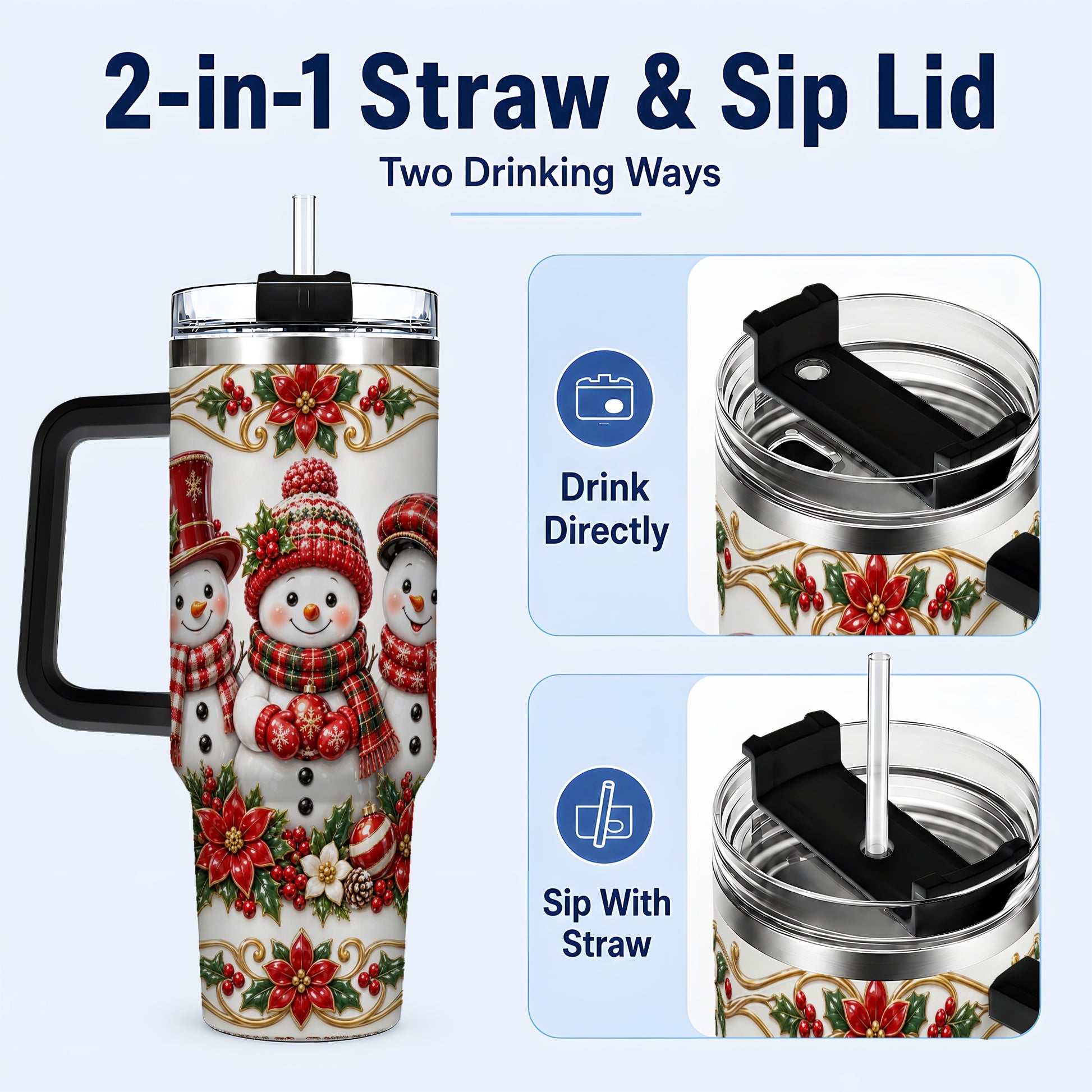 #pl[40oz|Black] Snowman 40oz Tumbler with Handle, Poinsettia Holiday Travel Cup