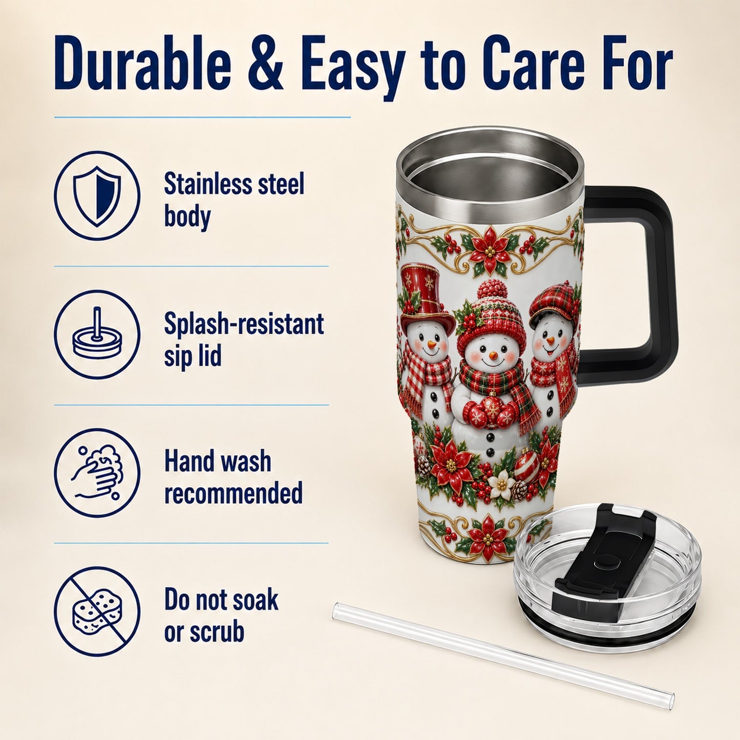 #pl[40oz|Black] Snowman 40oz Tumbler with Handle, Poinsettia Holiday Travel Cup