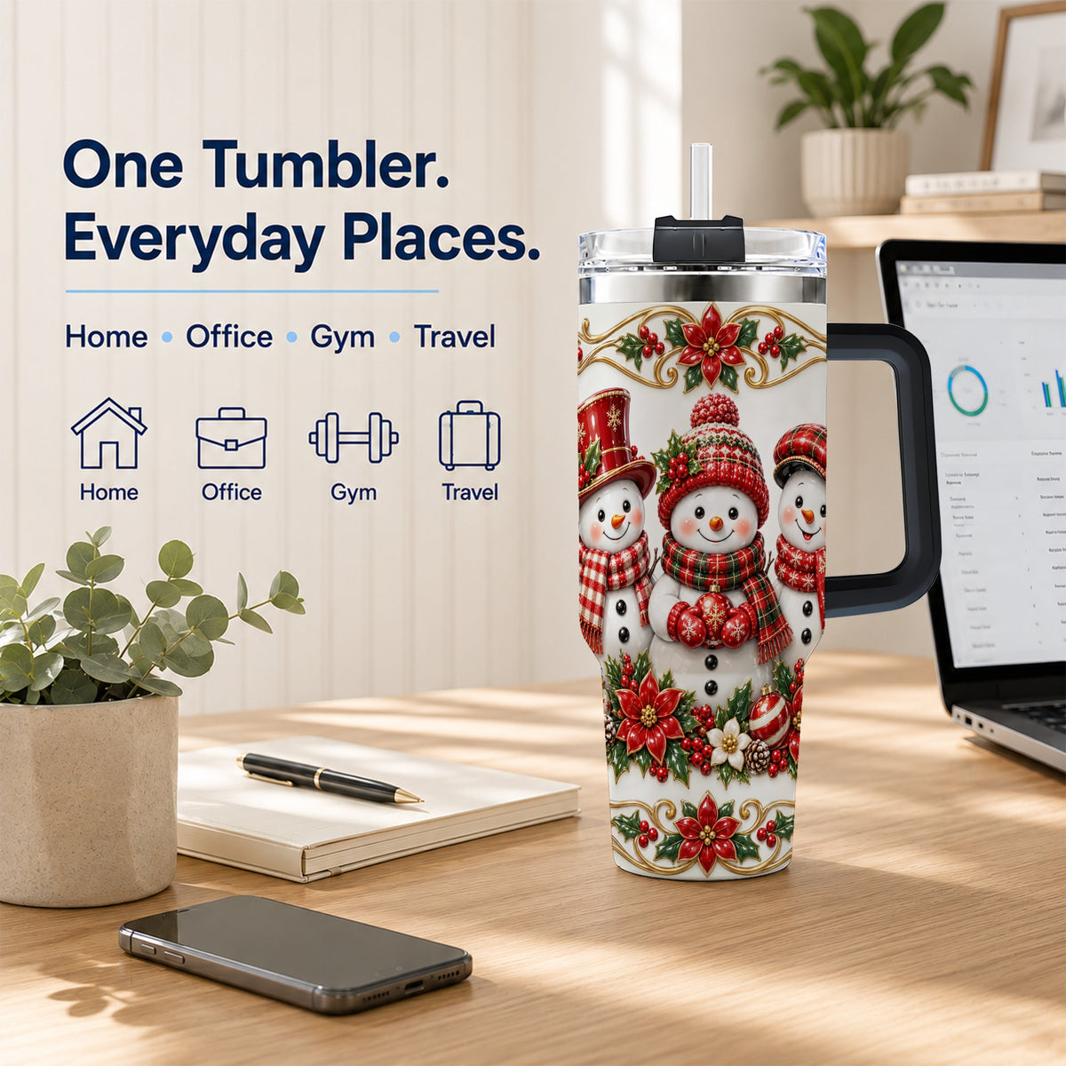 #pl[40oz|Black] Snowman 40oz Tumbler with Handle, Poinsettia Holiday Travel Cup