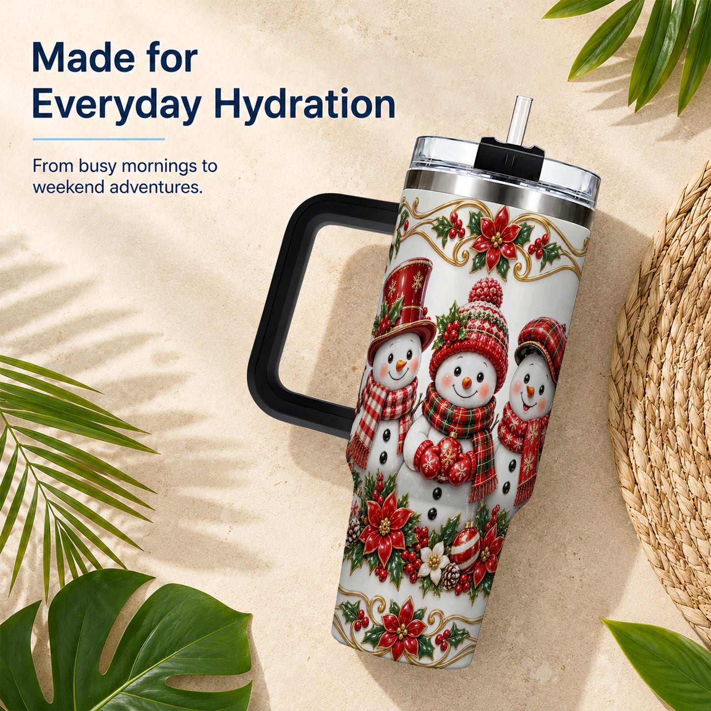 #pl[40oz|Black] Snowman 40oz Tumbler with Handle, Poinsettia Holiday Travel Cup