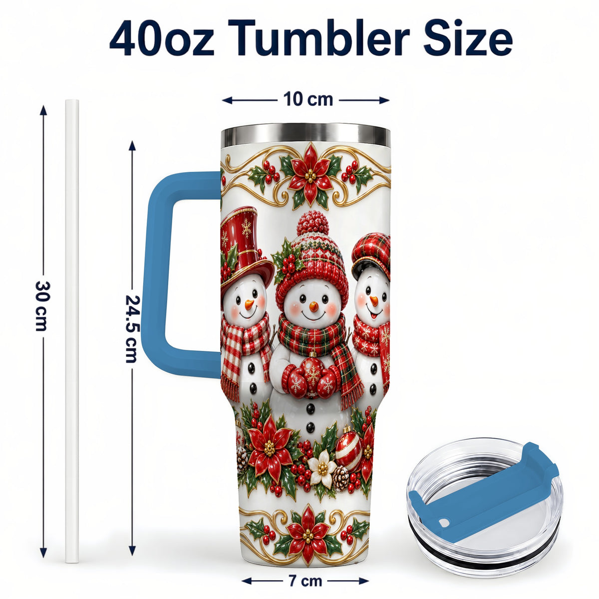 #pl[40oz|Blue] Snowman 40oz Tumbler with Handle, Poinsettia Holiday Travel Cup