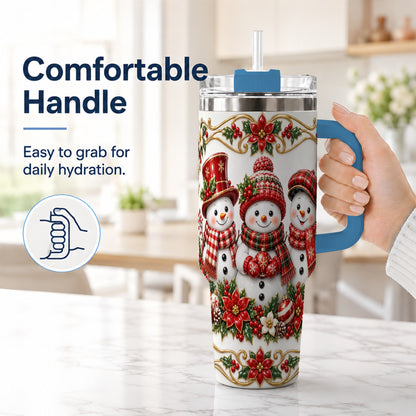 #pl[40oz|Blue] Snowman 40oz Tumbler with Handle, Poinsettia Holiday Travel Cup