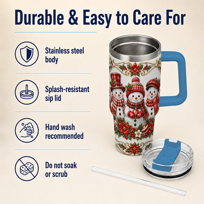 #pl[40oz|Blue] Snowman 40oz Tumbler with Handle, Poinsettia Holiday Travel Cup