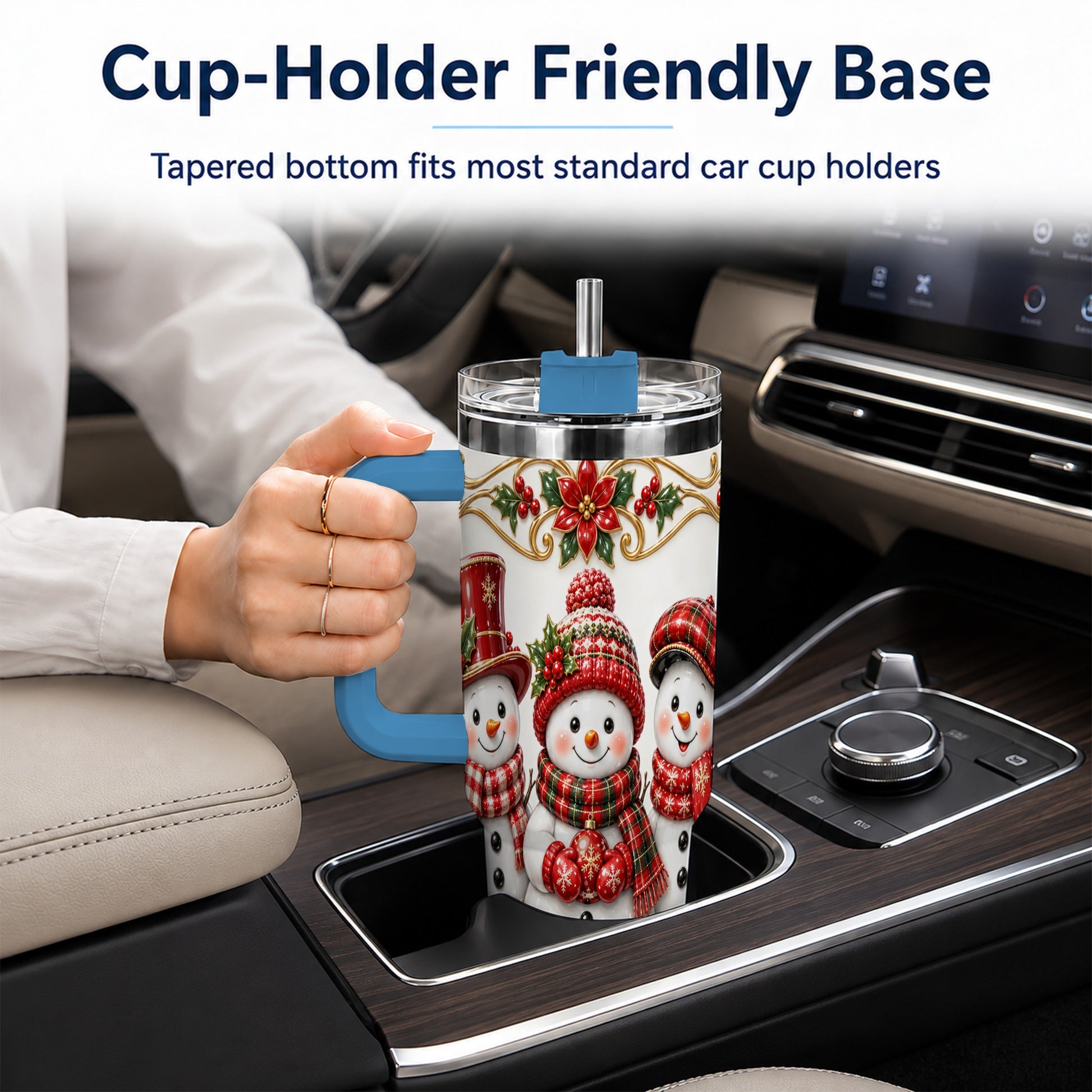 #pl[40oz|Blue] Snowman 40oz Tumbler with Handle, Poinsettia Holiday Travel Cup