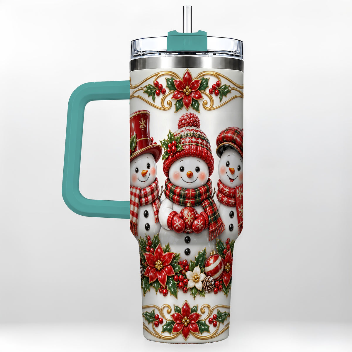 #pl[40oz|Green] Snowman 40oz Tumbler with Handle, Poinsettia Holiday Travel Cup