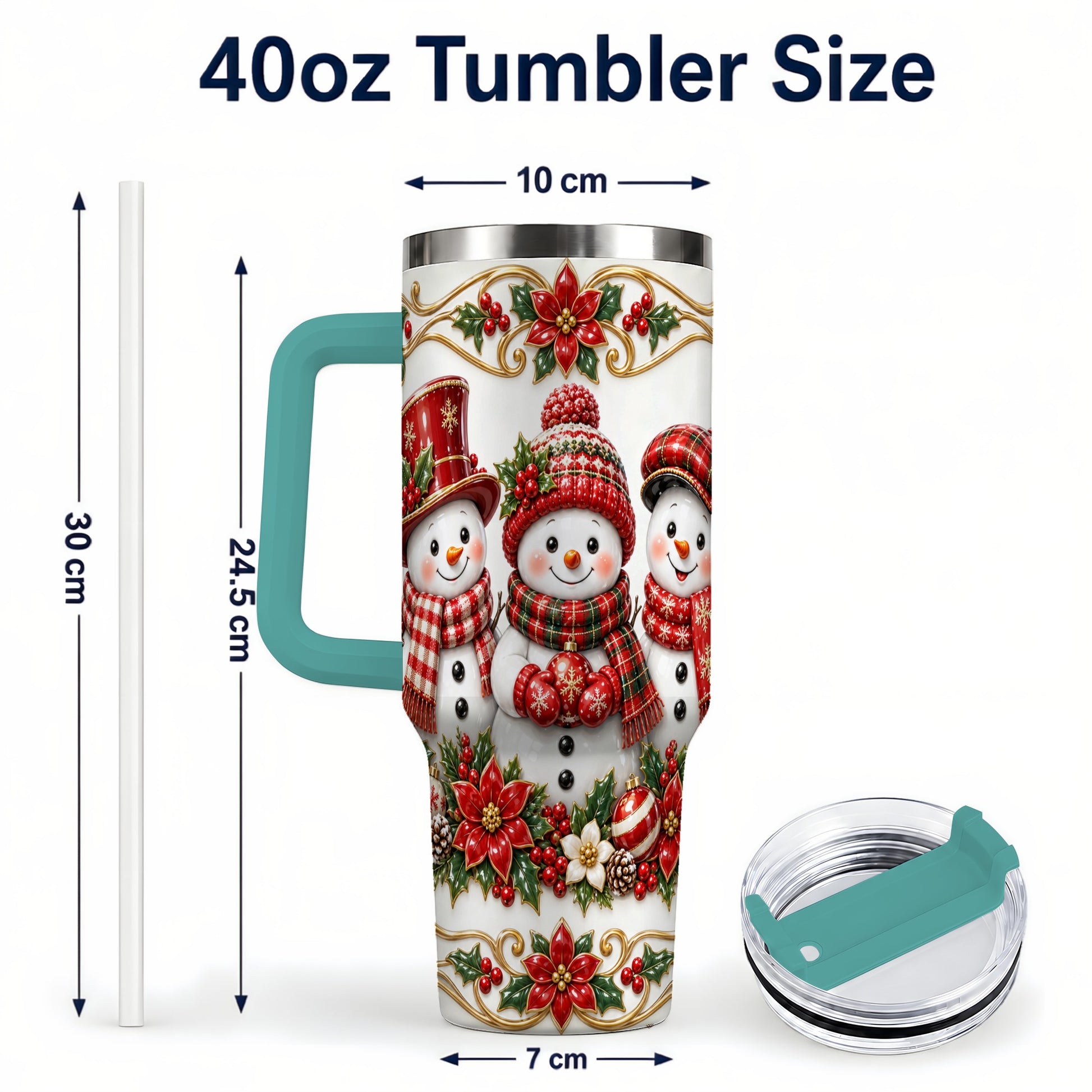 #pl[40oz|Green] Snowman 40oz Tumbler with Handle, Poinsettia Holiday Travel Cup