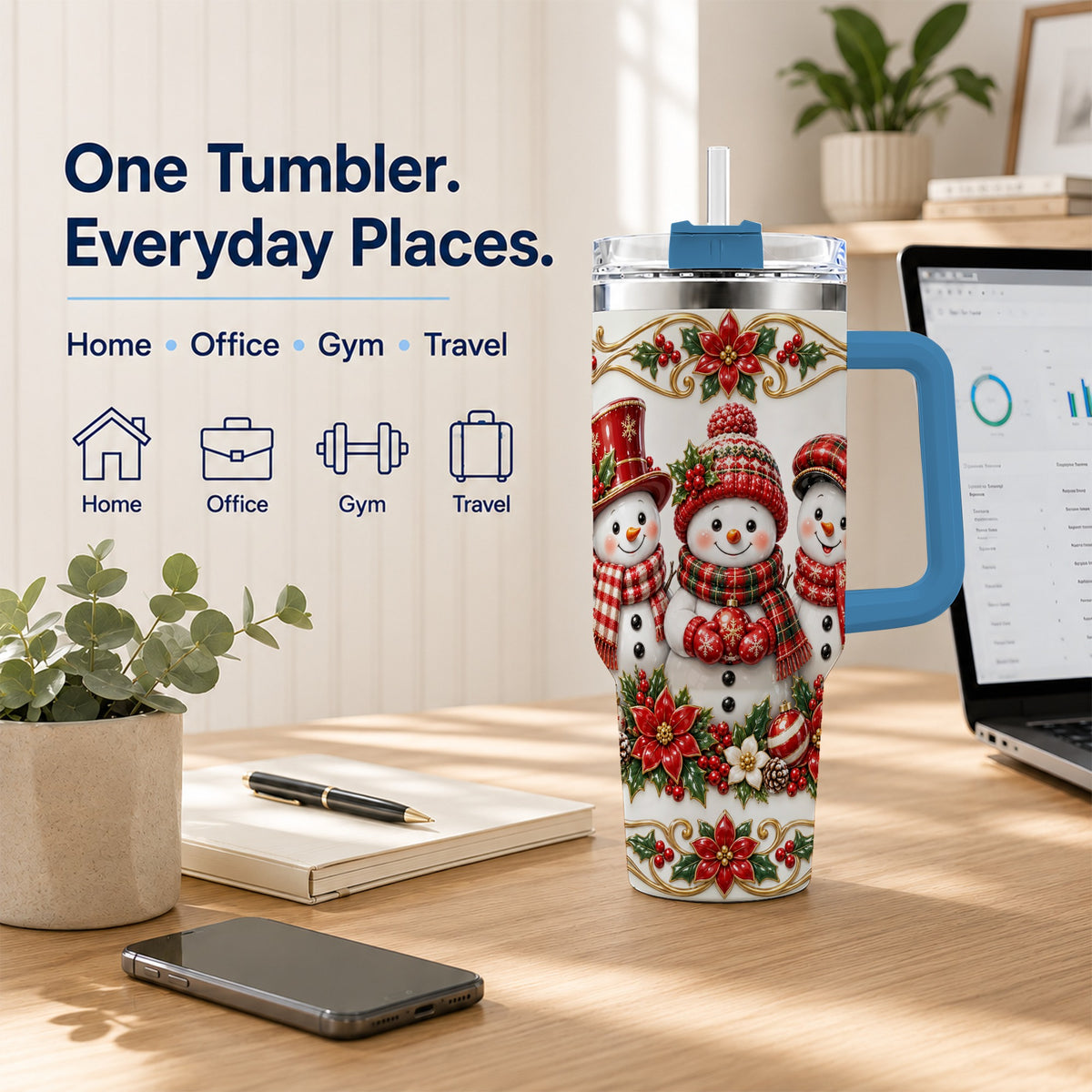 #pl[40oz|Blue] Snowman 40oz Tumbler with Handle, Poinsettia Holiday Travel Cup