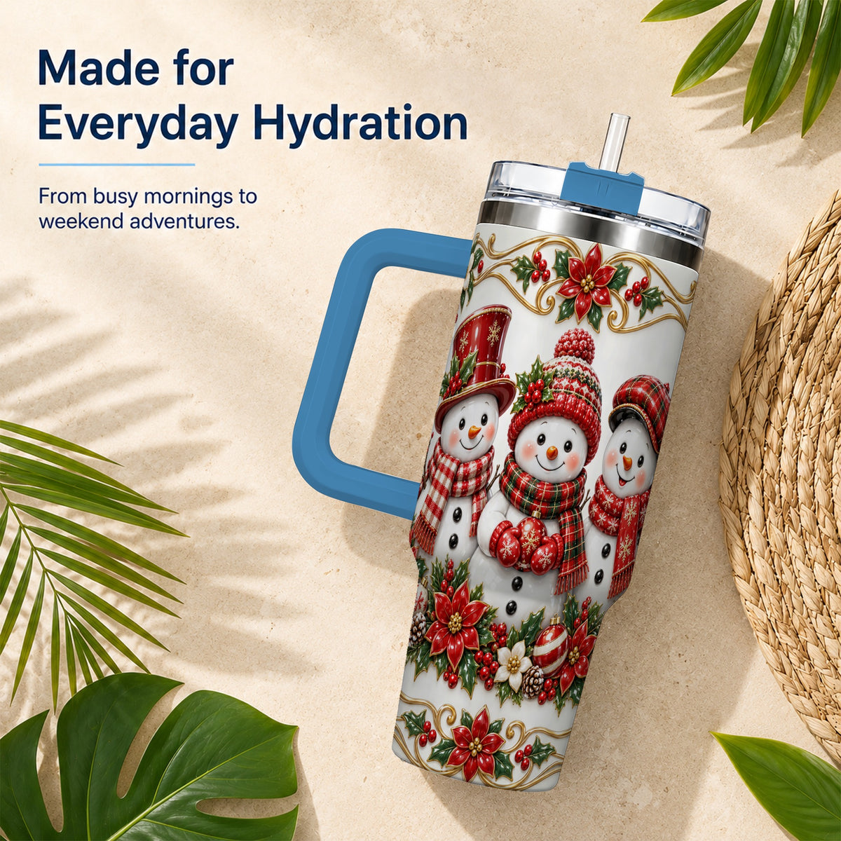 #pl[40oz|Blue] Snowman 40oz Tumbler with Handle, Poinsettia Holiday Travel Cup