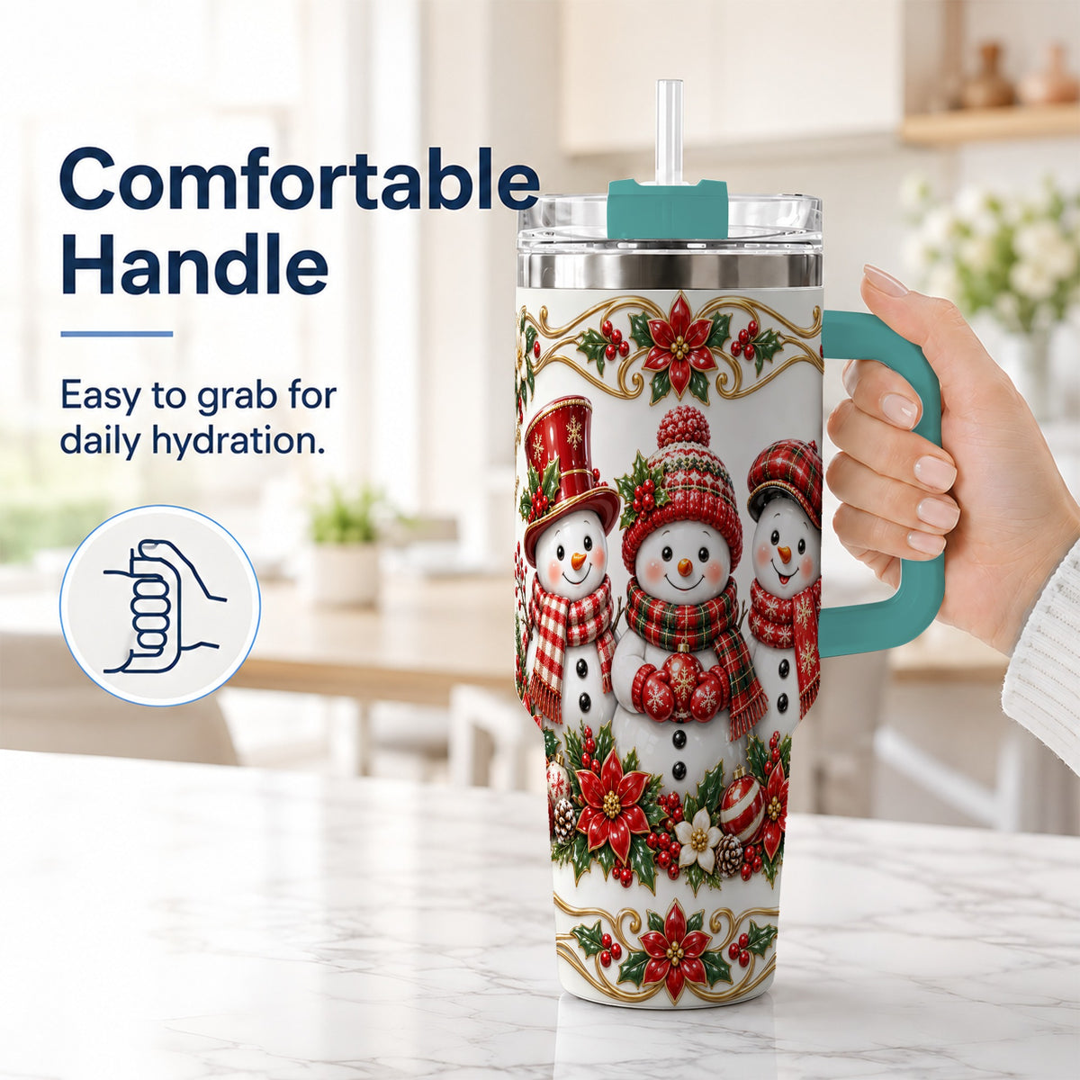 #pl[40oz|Green] Snowman 40oz Tumbler with Handle, Poinsettia Holiday Travel Cup