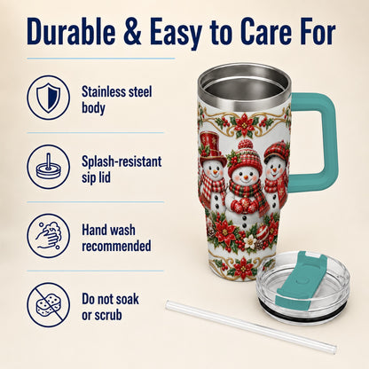 #pl[40oz|Green] Snowman 40oz Tumbler with Handle, Poinsettia Holiday Travel Cup