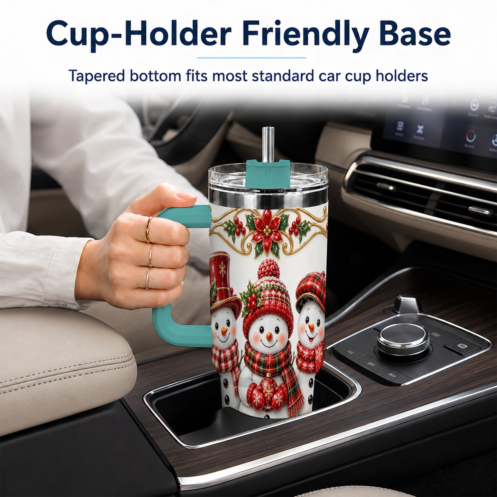 #pl[40oz|Green] Snowman 40oz Tumbler with Handle, Poinsettia Holiday Travel Cup