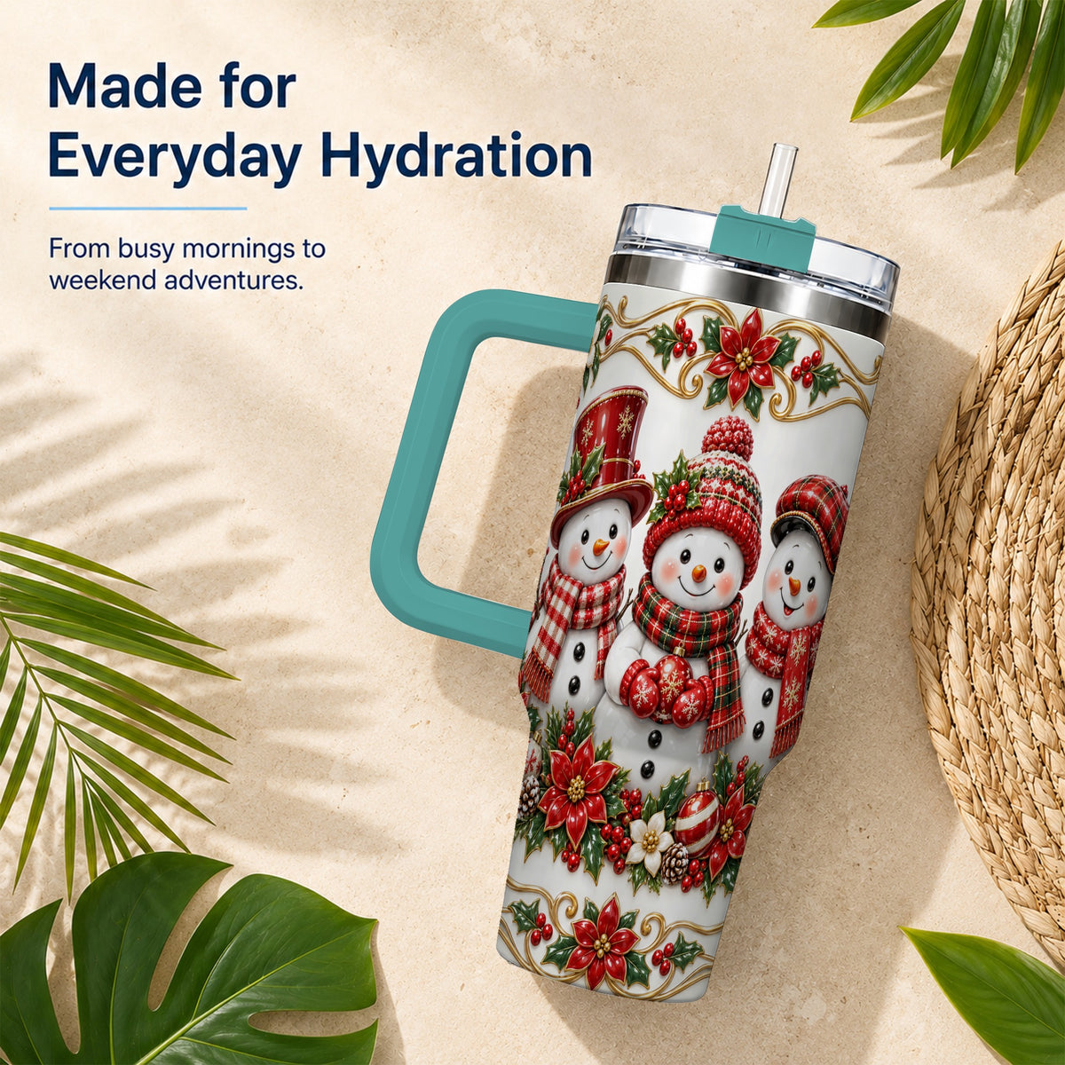 #pl[40oz|Green] Snowman 40oz Tumbler with Handle, Poinsettia Holiday Travel Cup