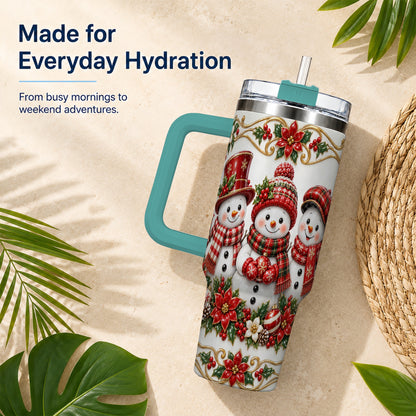 #pl[40oz|Green] Snowman 40oz Tumbler with Handle, Poinsettia Holiday Travel Cup