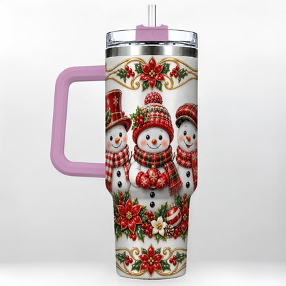 #pl[40oz|Pink] Snowman 40oz Tumbler with Handle, Poinsettia Holiday Travel Cup