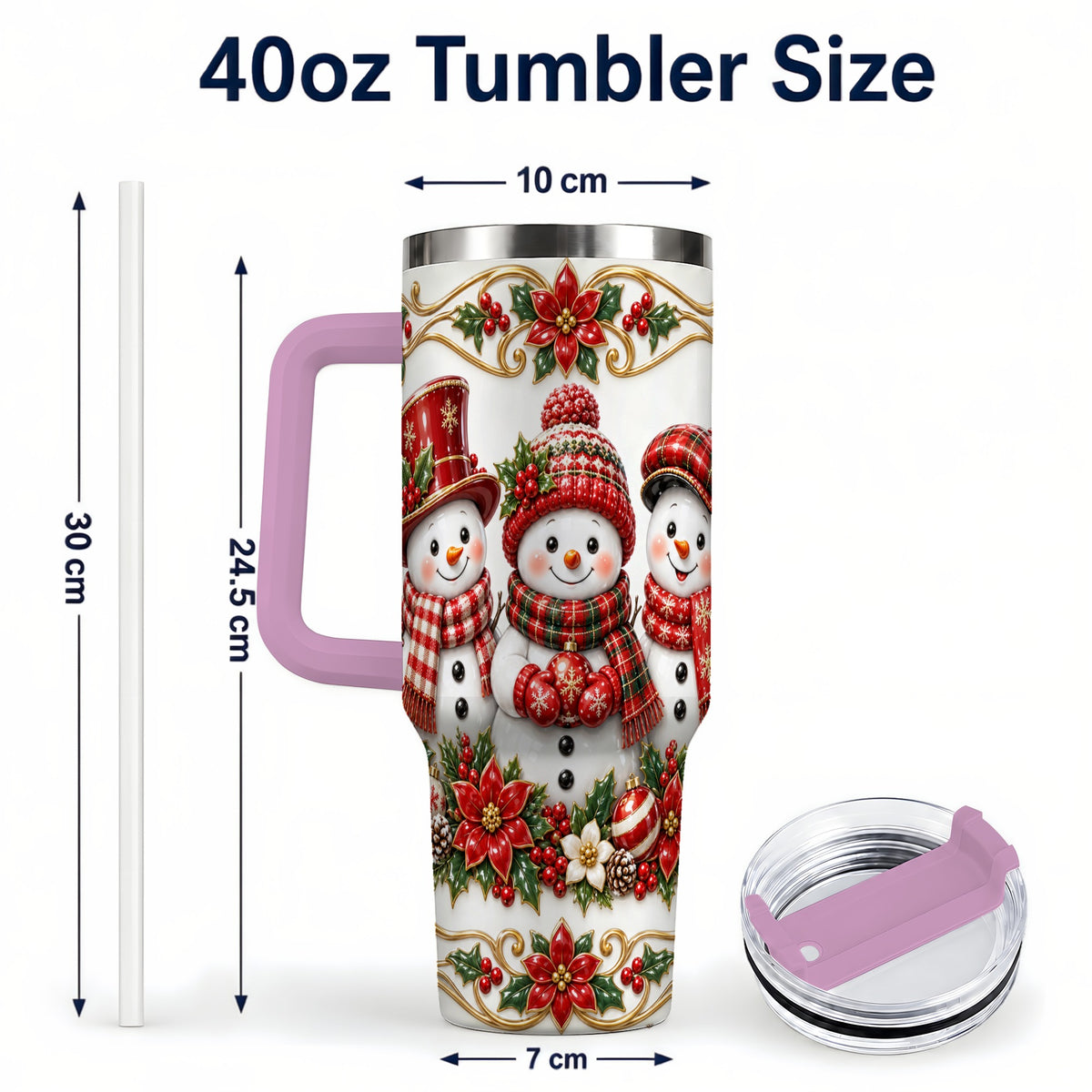 #pl[40oz|Pink] Snowman 40oz Tumbler with Handle, Poinsettia Holiday Travel Cup
