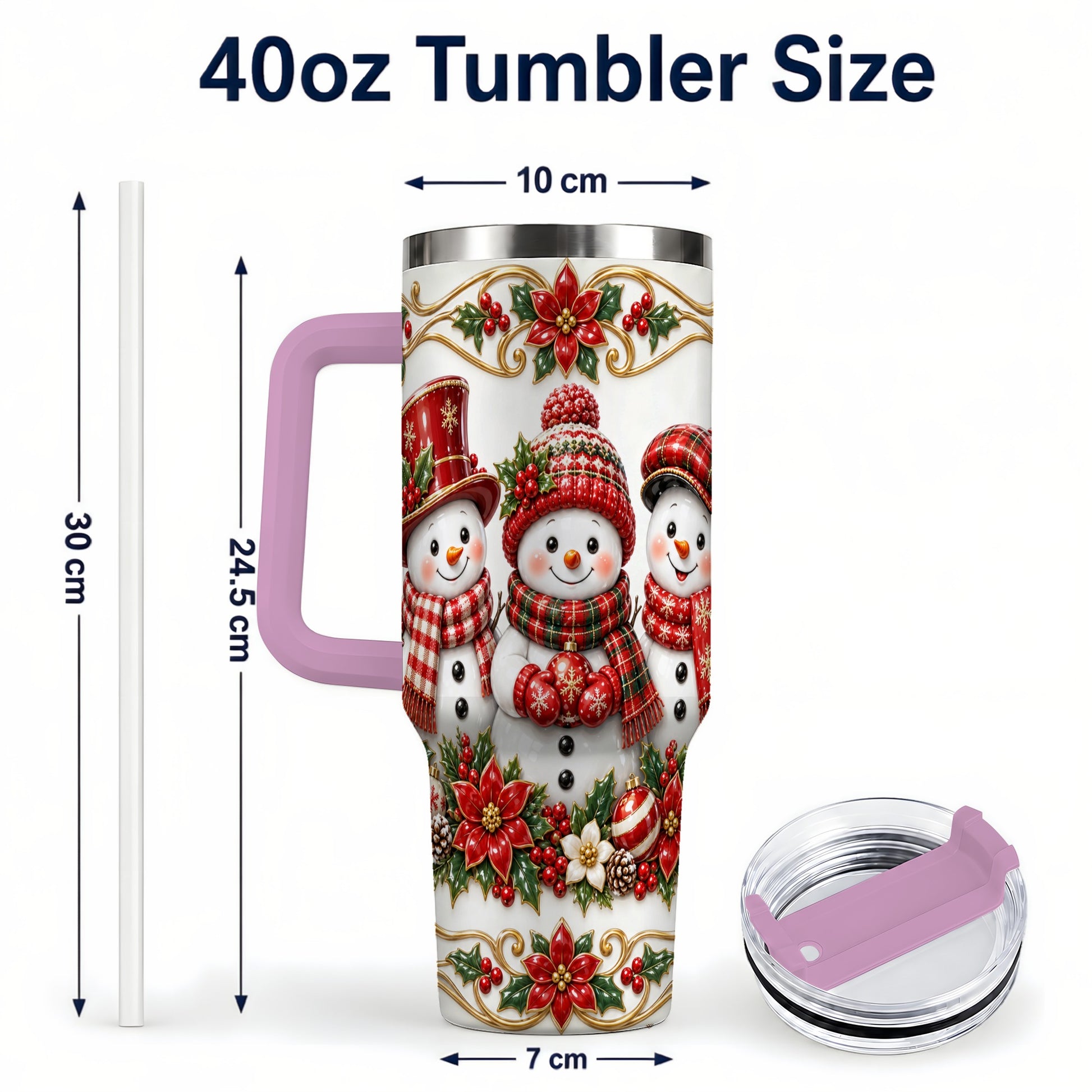 #pl[40oz|Pink] Snowman 40oz Tumbler with Handle, Poinsettia Holiday Travel Cup