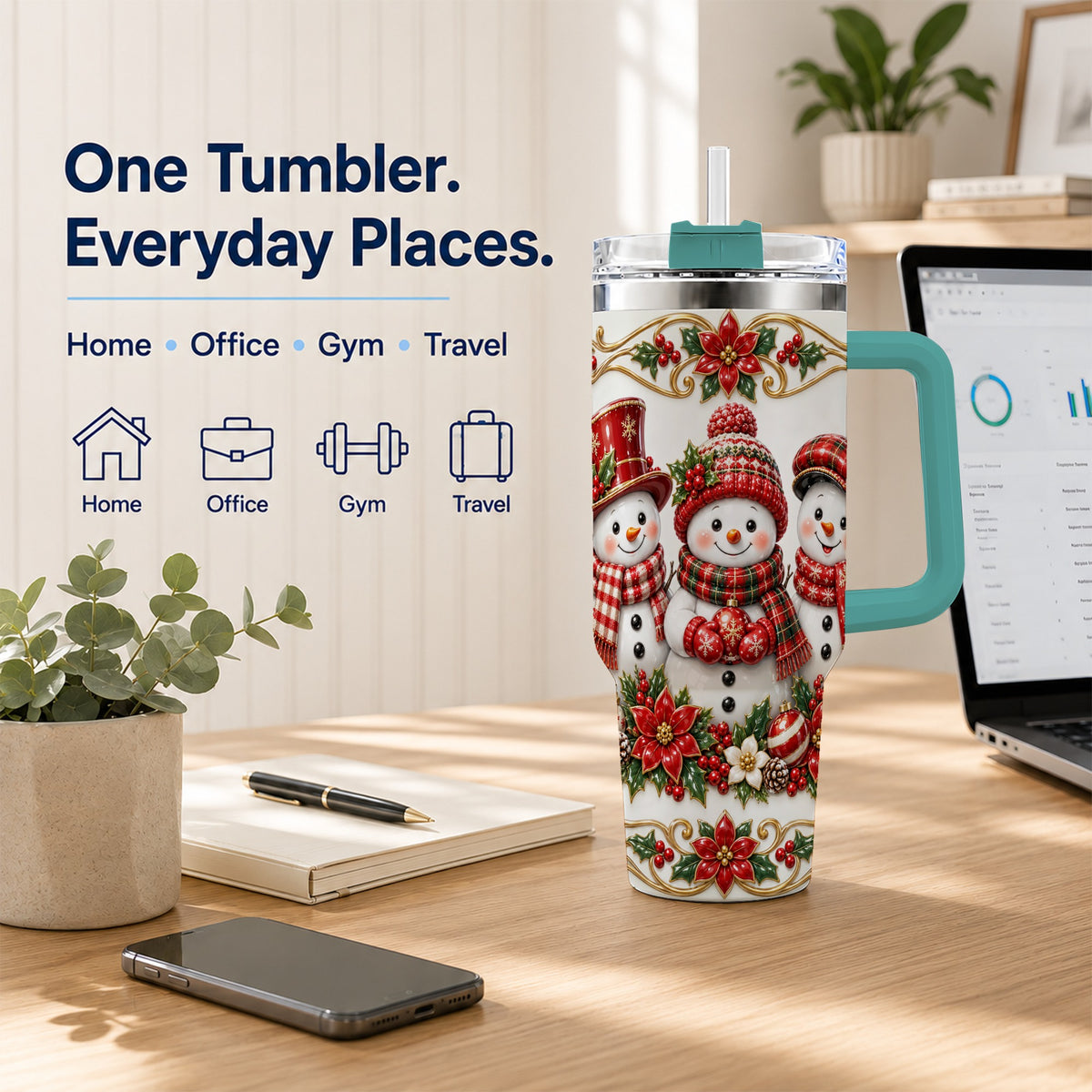 #pl[40oz|Green] Snowman 40oz Tumbler with Handle, Poinsettia Holiday Travel Cup