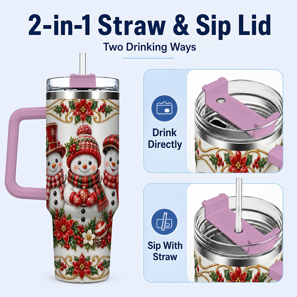 #pl[40oz|Pink] Snowman 40oz Tumbler with Handle, Poinsettia Holiday Travel Cup