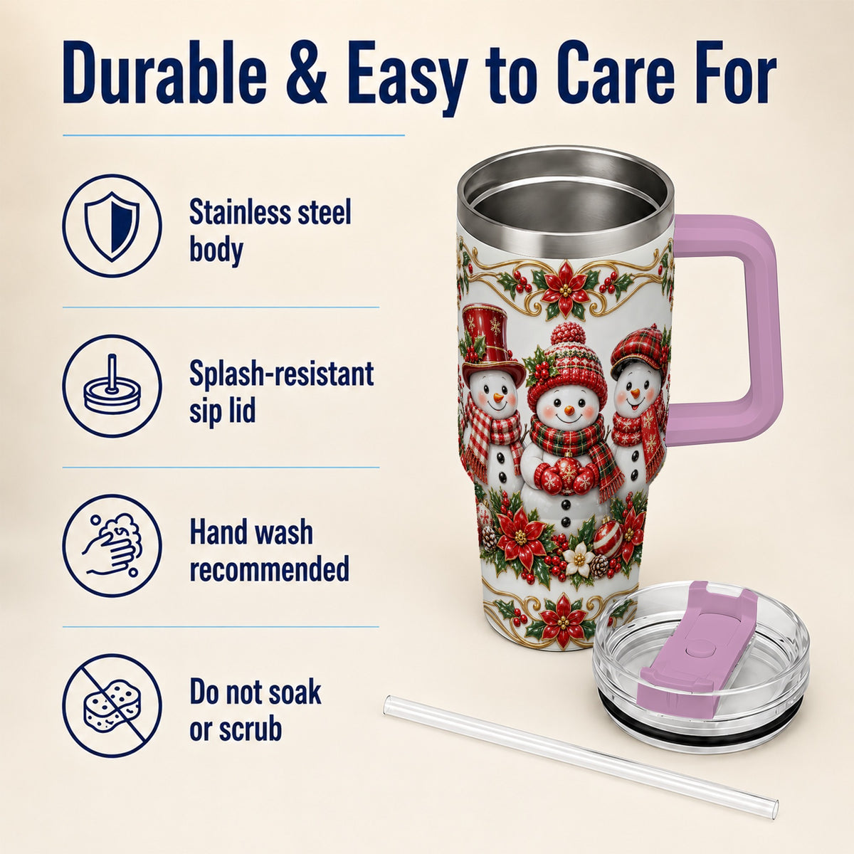#pl[40oz|Pink] Snowman 40oz Tumbler with Handle, Poinsettia Holiday Travel Cup