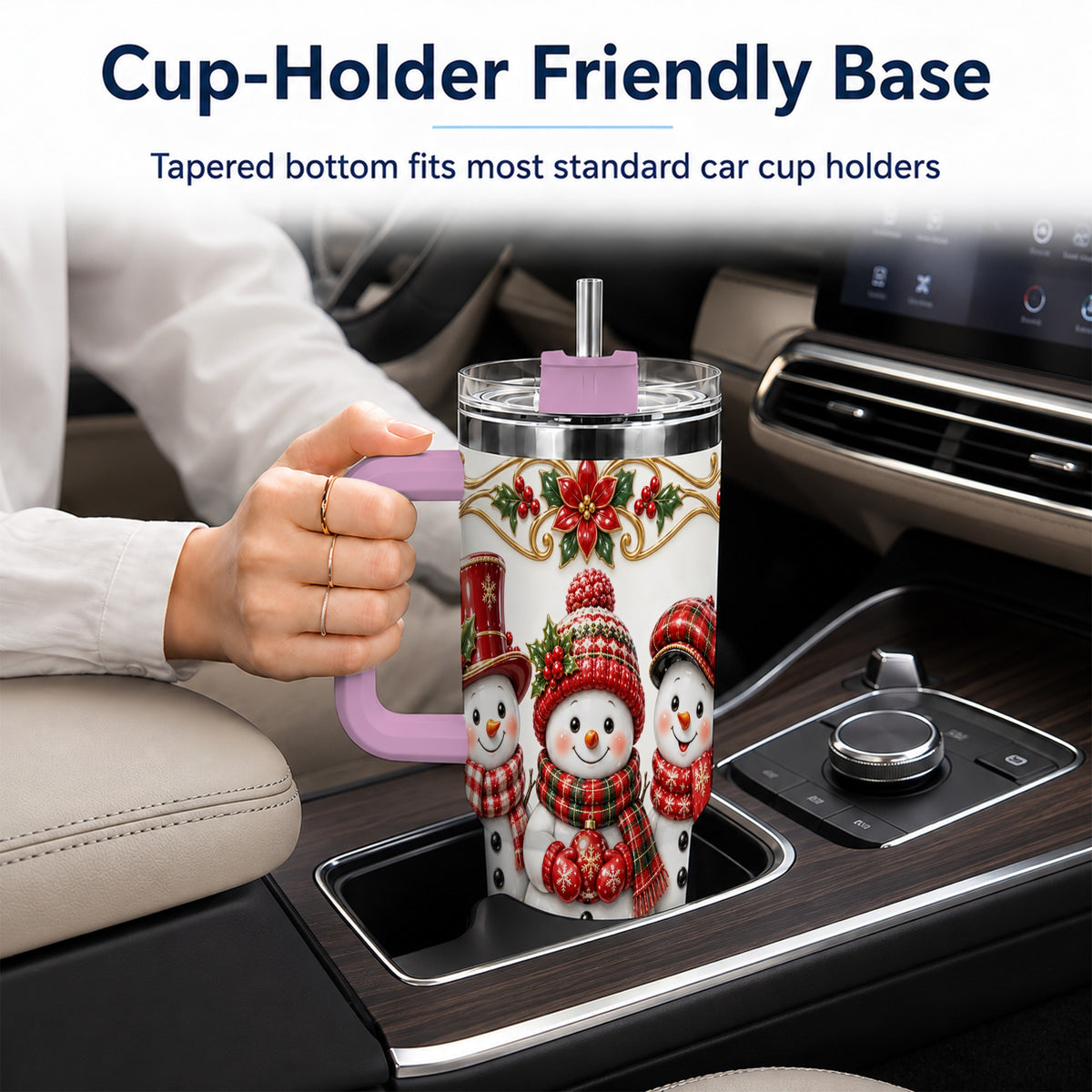 #pl[40oz|Pink] Snowman 40oz Tumbler with Handle, Poinsettia Holiday Travel Cup