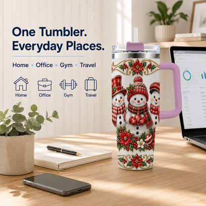 #pl[40oz|Pink] Snowman 40oz Tumbler with Handle, Poinsettia Holiday Travel Cup