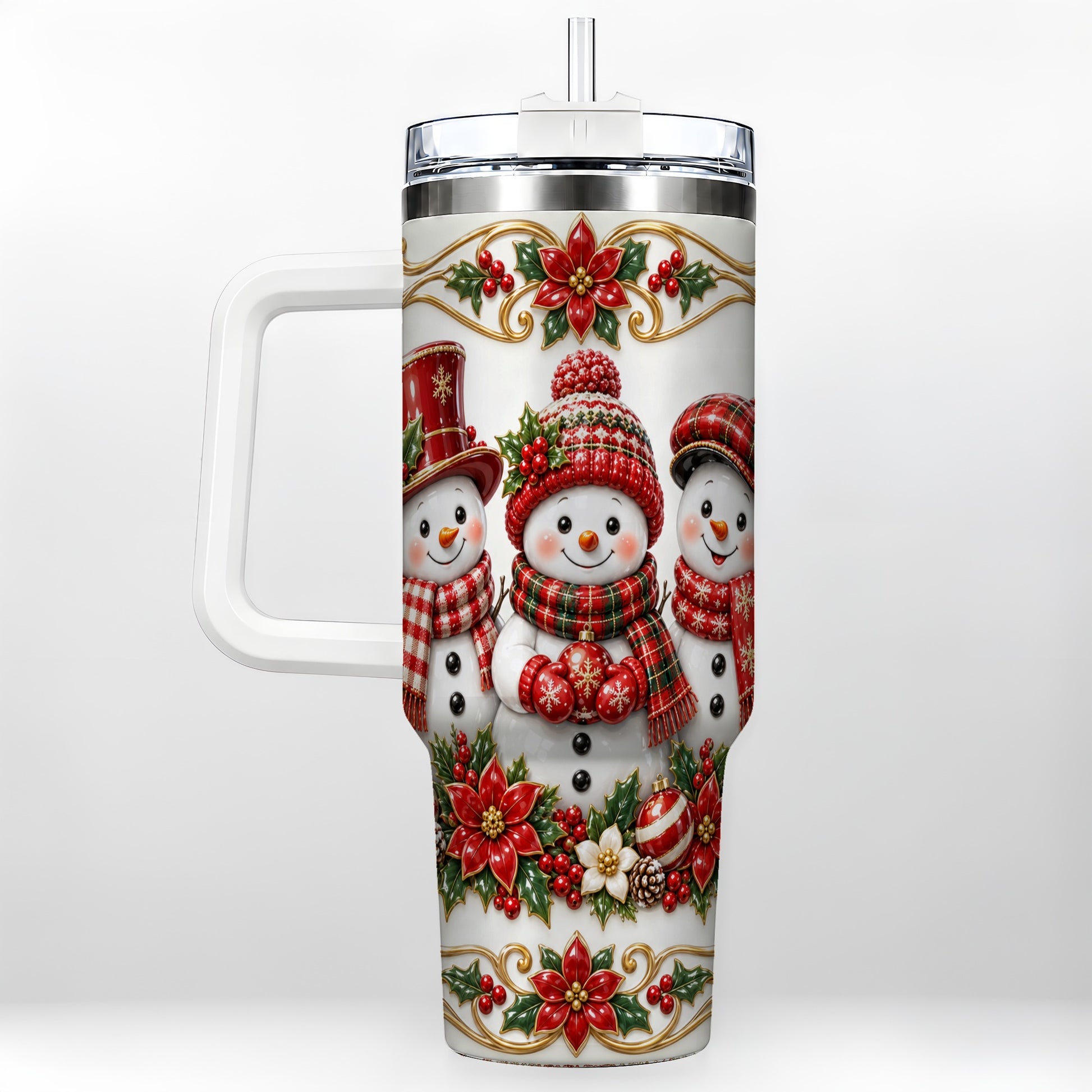 Snowman 40oz Tumbler with Handle, Poinsettia Holiday Travel Cup