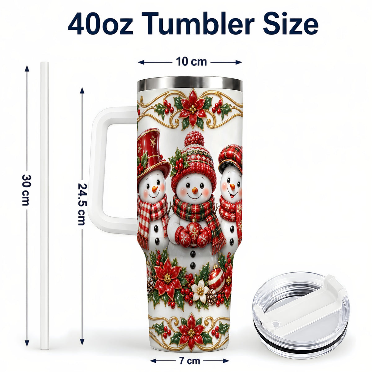 #pl[40oz|White] Snowman 40oz Tumbler with Handle, Poinsettia Holiday Travel Cup