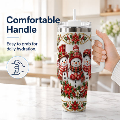 #pl[40oz|White] Snowman 40oz Tumbler with Handle, Poinsettia Holiday Travel Cup