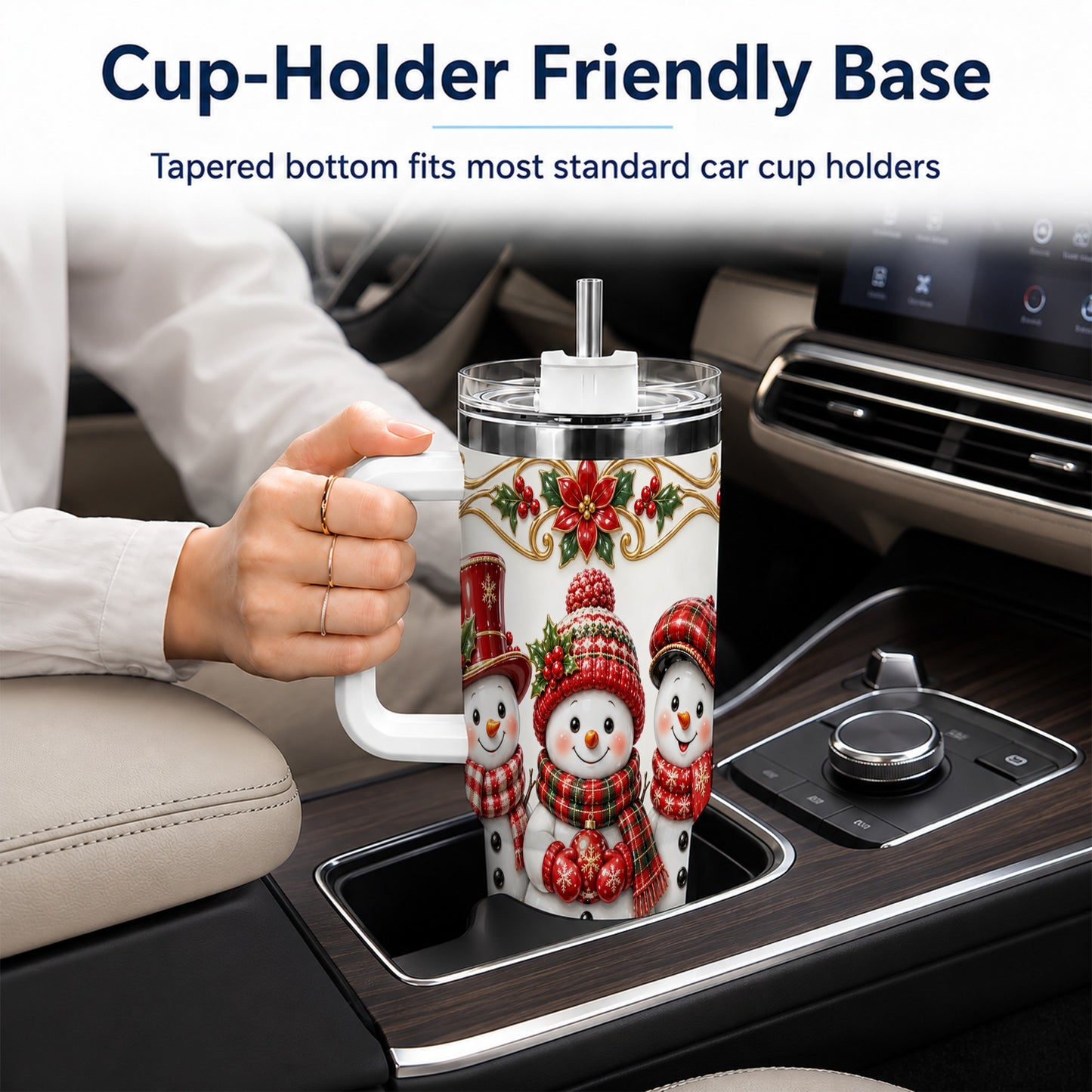 #pl[40oz|White] Snowman 40oz Tumbler with Handle, Poinsettia Holiday Travel Cup