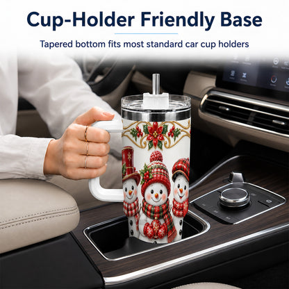 #pl[40oz|White] Snowman 40oz Tumbler with Handle, Poinsettia Holiday Travel Cup