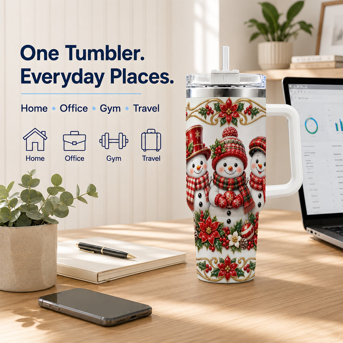 #pl[40oz|White] Snowman 40oz Tumbler with Handle, Poinsettia Holiday Travel Cup