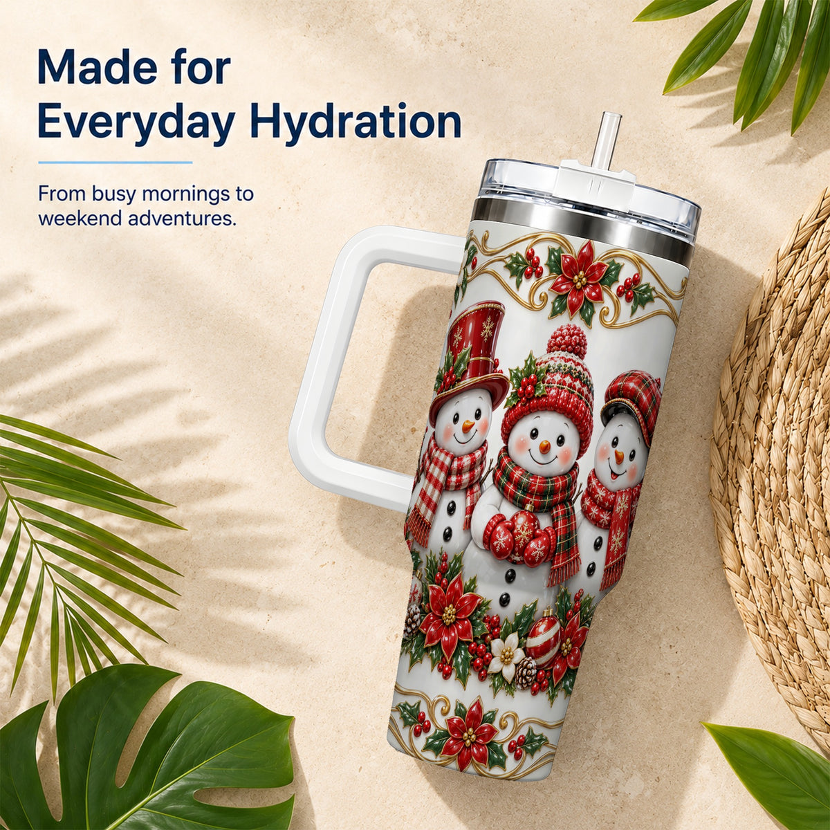 #pl[40oz|White] Snowman 40oz Tumbler with Handle, Poinsettia Holiday Travel Cup