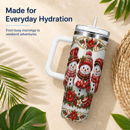 #pl[40oz|White] Snowman 40oz Tumbler with Handle, Poinsettia Holiday Travel Cup