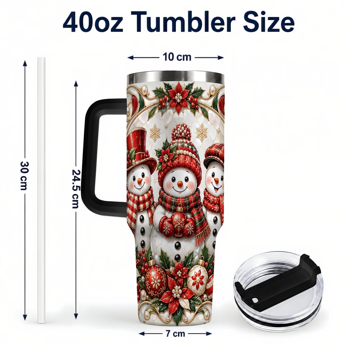 #pl[40oz|Black] Snowman 40oz Tumbler with Handle, Poinsettia Holiday Travel Cup