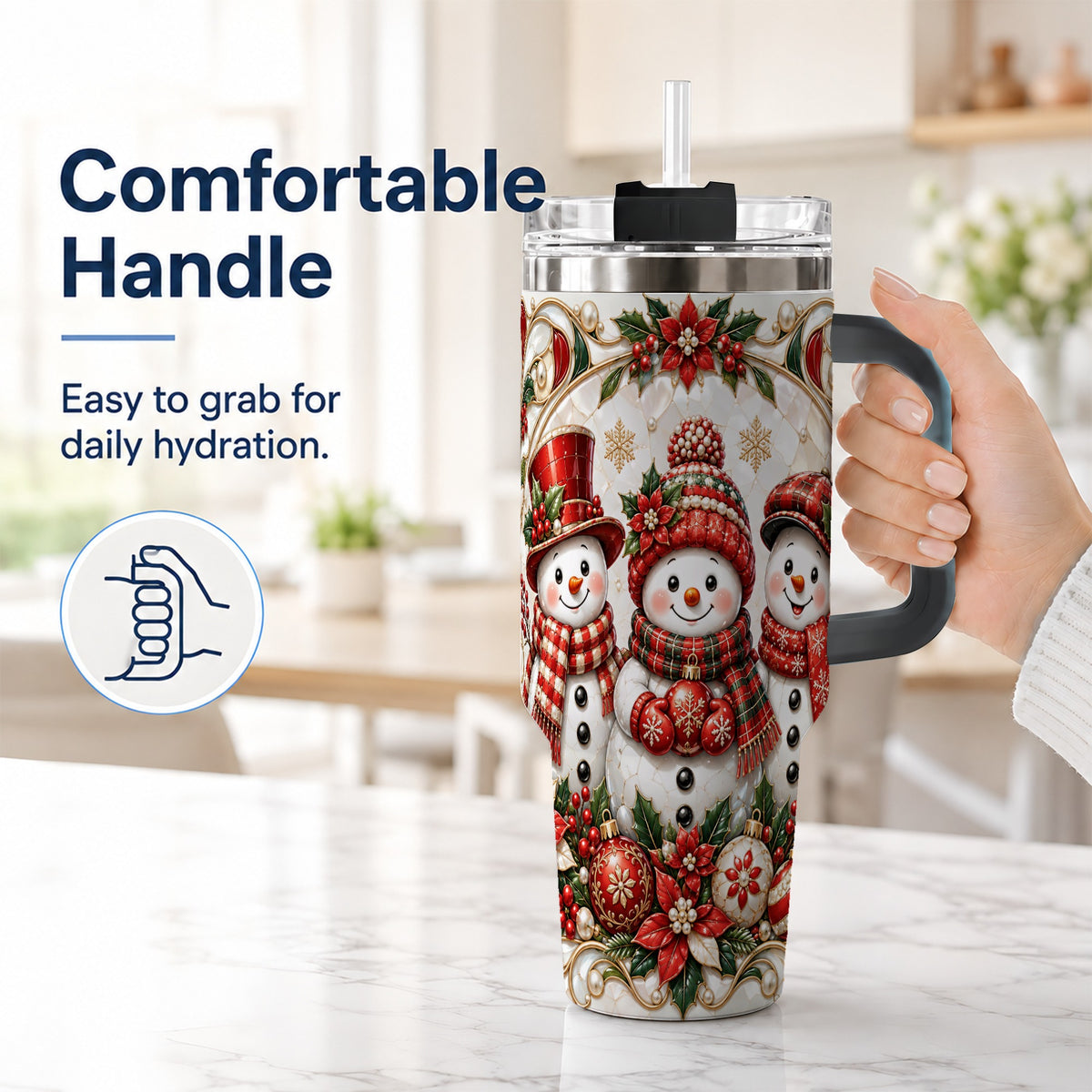 #pl[40oz|Black] Snowman 40oz Tumbler with Handle, Poinsettia Holiday Travel Cup