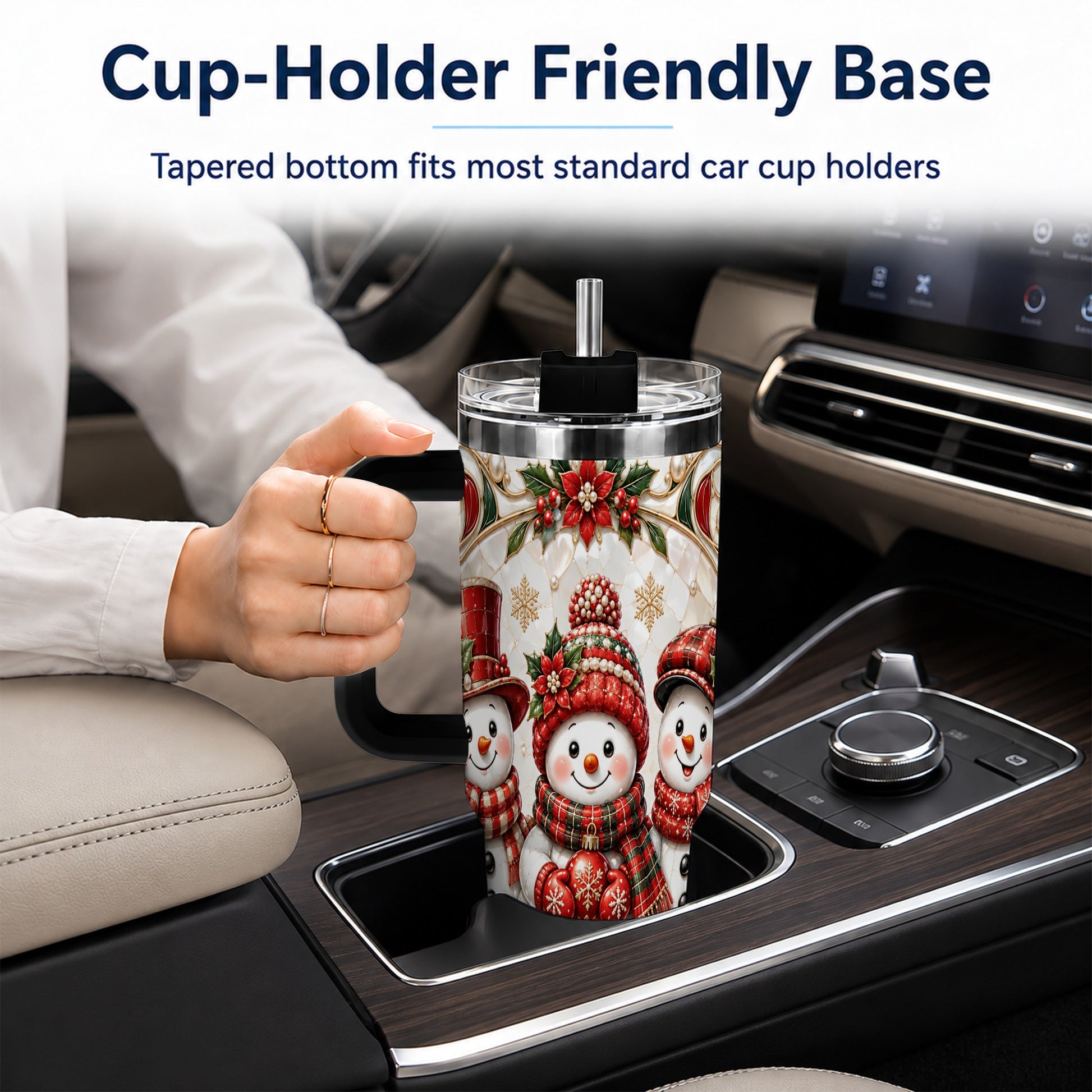 #pl[40oz|Black] Snowman 40oz Tumbler with Handle, Poinsettia Holiday Travel Cup