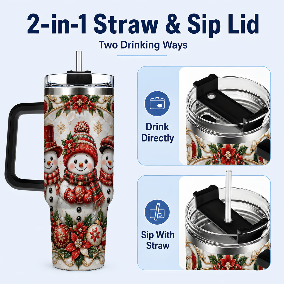 #pl[40oz|Black] Snowman 40oz Tumbler with Handle, Poinsettia Holiday Travel Cup